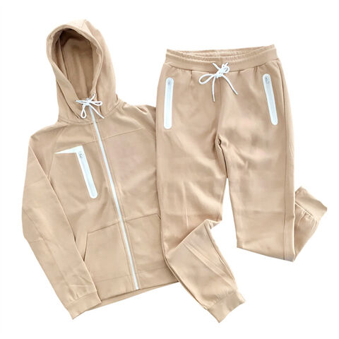 2 Piece Cotton Sweatsuits for Women with Hood Pocket Workout Sports Outfits  Fleece Hoodie and Jogger Pant Sets (Small, Beige)