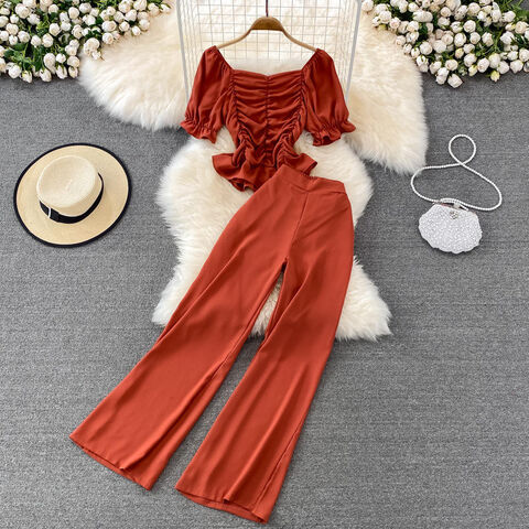 Women Short Sleeve Loose Blouse Top + Trousers 2022 Summer Two Pieces  Fashion Suits Ladies Wide Legs Pants 2 Pieces Set - AliExpress