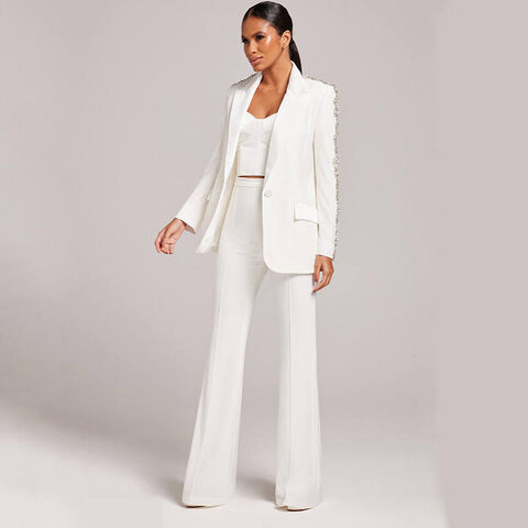French Retro Style Women 2 Pieces Casual Rhinestone Blazer Suits