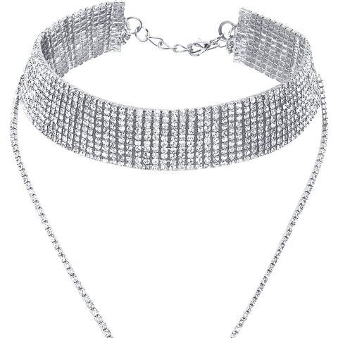 Kalung Choker Rumbai Berlian Imitasi 2 Potongan Kerah Lebar Multi-Layer