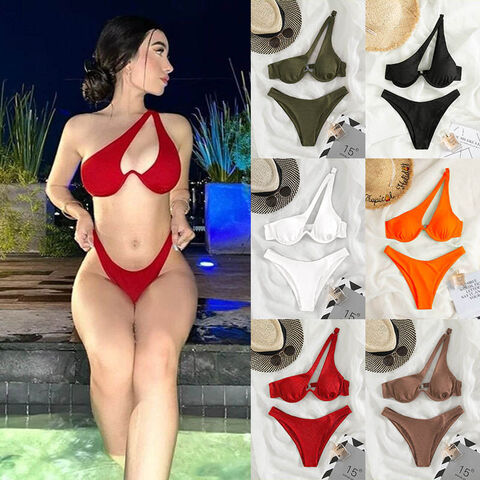 2022 hot korean teen girl multi-color sexy triang women split swimsuit solid color single shoulder steel bra bikini wholesale for sale at factory direct price