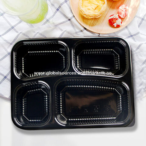 Heres A New Title Suggestion For Your Product: Brand: PackMate Type: 4  Compartment Disposable Bento Box Specs: Black Grade PP, Clear Color  Keywords: Take Out Containers Dinnerware Sets Key Points: Eco Friendly