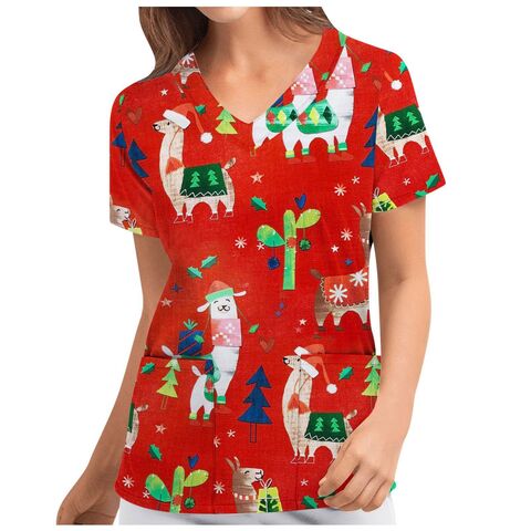 Polyester V Neck Christmas Print Nurse Scrubs Medical Wholesale ...