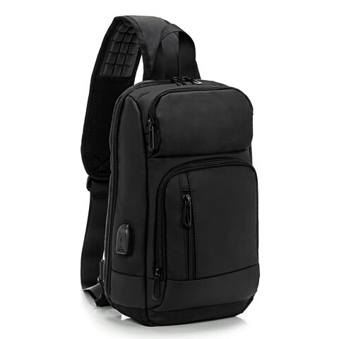 Men's Leather Sling Bag, Chest Shoulder Backpack, Waterproof Crossbody Bag Swith USB Charging Port