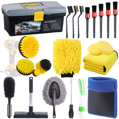 Kit de 23 Piezas para Limpieza Exterior e Interior de Coches: Toallas para Neumáticos, Cepillos para Taladro, Rascador de Ventanas, Juego con Caja, Equipo para Lavado de Coches