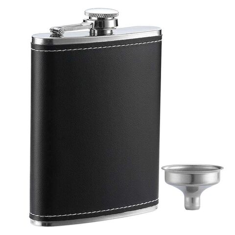 18/8 304 Food Grade 8 oz Stainless Steel Liquor Curved Pocket Flask Hip Flask with Black Leather Cover for sale at factory direct price