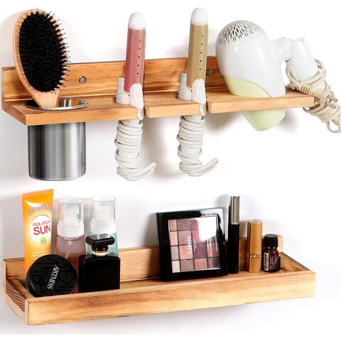 Wall Mount Hair Tools Organizer Bathroom Vanity Caddy Wooden Hair