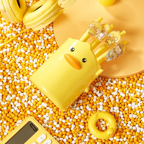 Suporte de caneta de mesa multifuncional com design criativo de pato com gema de ovo, porta-celular e armazenamento de papelaria