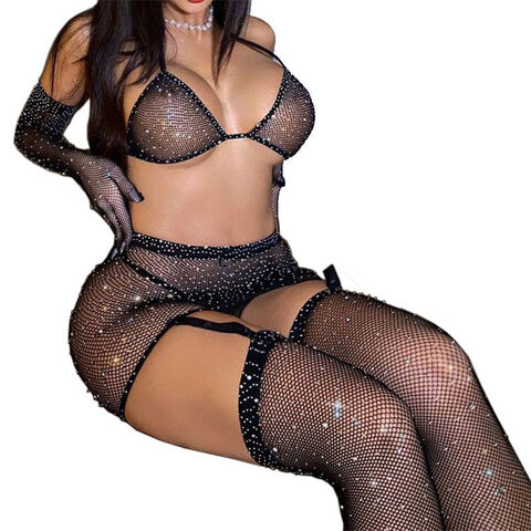 Sexy Set Rhinestone Erotic Hot Bodysuits For Women Fishnety Body