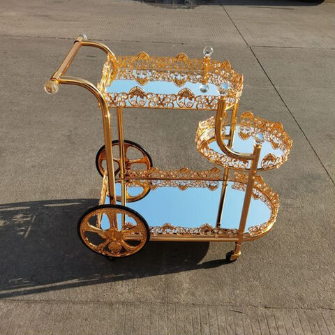 2023 Simple Steady Moving Hand Push Hotel Food Cake Wine Service Cart 3 Tier Black Tray Gold Stainless Steel Trolley for sale at factory direct price