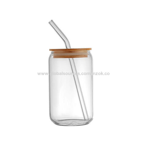 Vaso para beber con tapa de bambú y pajita de cristal transparente (A/H/D)  7x12x7cm, 350ml