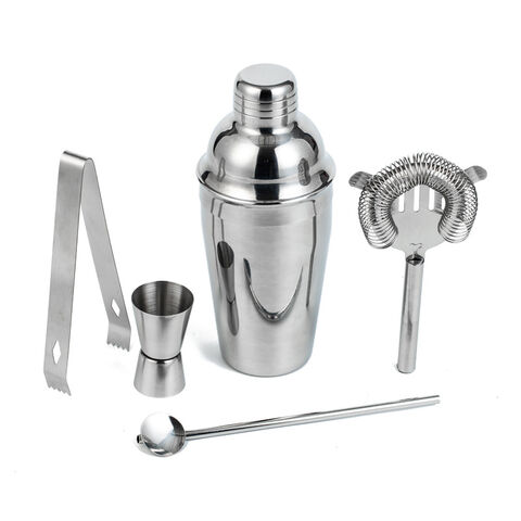 5-teiliges Edelstahl Barzubehör Set. Enthält 750 ml Shaker, Jigger, Eiszange, Barsieb & Barlöffel.