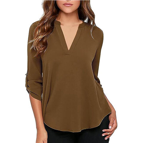 Blusa Feminina de Trabalho Casual de Negócios com Decote em V e Mangas com Punho for sale at factory direct price