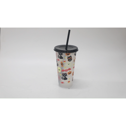 Halloween Cold Drink Cup Portable Dining Supplies Straw Cup Iced Coffee Cup  Discoloration Color Changing Cup,Halloween Gift