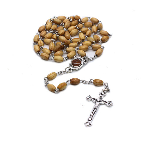 Katholisches Kreuz Rosenkranz Halskette, Naturholz Gebetsperlen
