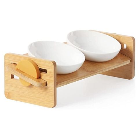 Comedero Inclinado de 15 Grados en Madera de Bambú Sólido con Cuenco de Cerámica para Gatos - Soporte Elevado para Mascotas for sale at factory direct price