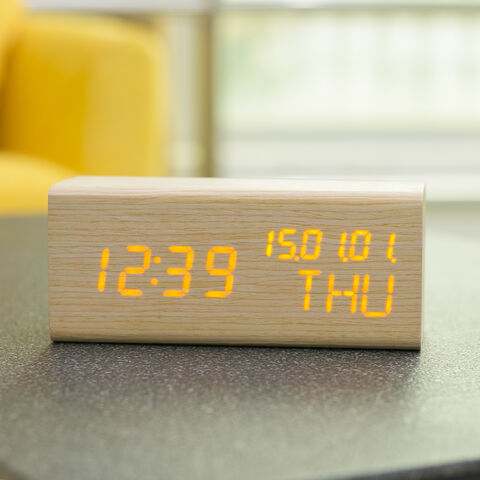 Réveil numérique, horloge de chevet en bois avec grand écran LCD