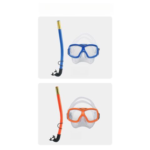 Juego de esnórquel semi-seco azul naranja de regulación libre, máscara de buceo antivaho, gafas de natación para niños, tubos de buceo