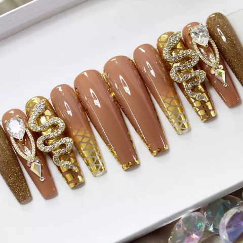 Aetomce Press on Nails 24pcs Brown Drill Long Ballerina Rhinestones Glossy  Coffin Fake Nails False Tips Manicure for Women and Girls - Walmart.com