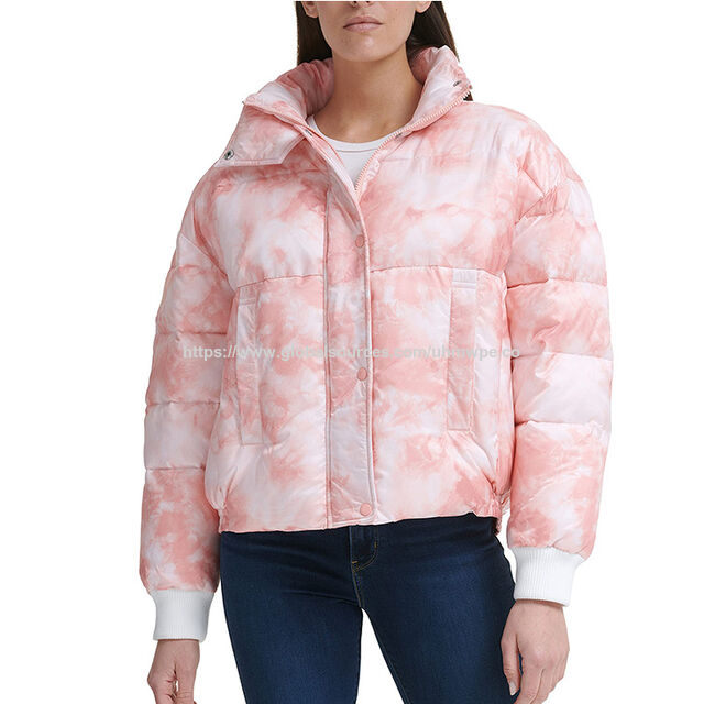 Jaket Musim Dingin Tahan Air Tie Dye Resleting Kustom untuk Wanita, Jaket Bomber Windbreaker, Jaket Puffer Crop for sale at factory direct price