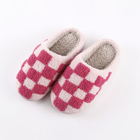 Women House Indoor Slippers Home Winter Warm Linen Plaid Shoes
