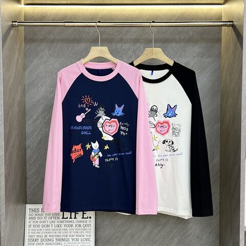 Buy Wholesale China Long Sleeve Color Matching Shoulder Long Sleeve Cartoon  Letter Print Casual Loose Round Neck Bottom Shirt Woman & T-shirt at USD  4.3