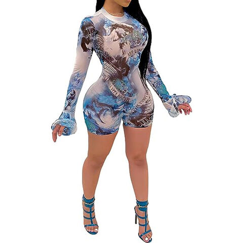 Cynolux Women Sexy See Through Long Sleeve Short Jumpsuits