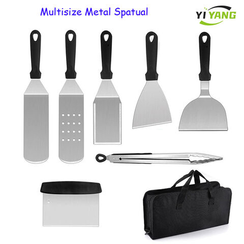 Ensemble de spatule et grattoir en métal - Kit d'accessoires pour plaque chauffante - Pinces de grill, spatule plate, retourneur de crêpes, turner à hamburger, ustensile en métal