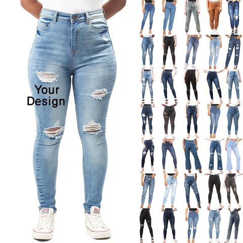 Buy Women High Waisted Solid Color Ripped Stretch Skinny Jeans