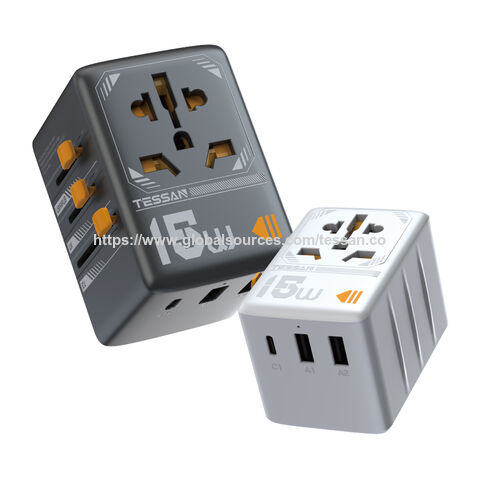Adaptador de Viaje Universal Múltiple TESSAN con 1 Enchufe Universal + 2 USB-A + 1 Puerto Tipo-C (Carga Rápida PD15W, Negro)