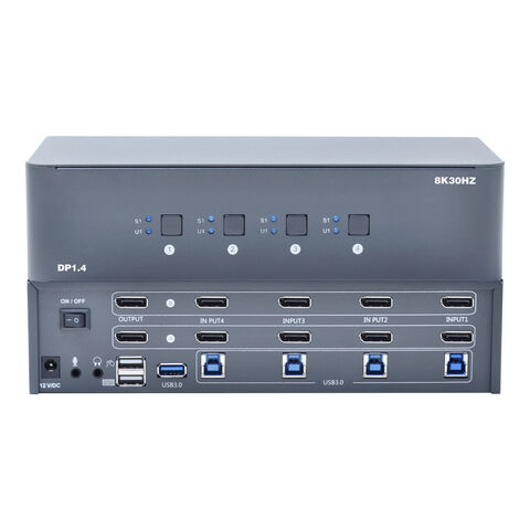 Conmutador KVM DisplayPort 1.4 8K para dos monitores 4X1 personalizado, con audio auxiliar de 3.5 mm, puerto MIC y USB 3.0 SuperSpeed for sale at factory direct price