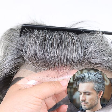 Lace Base Human Hair Toupee Man 6inch Long Natural Gray Hair Piece