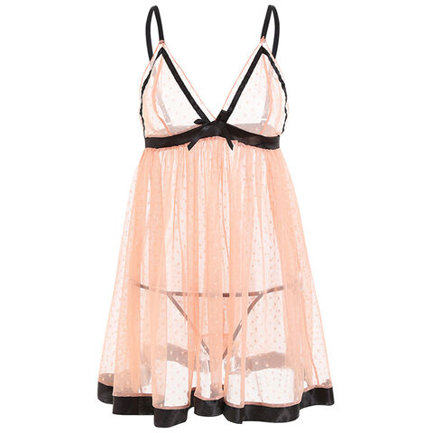 Nuisette sexy babydoll, pur désir, dentelle française, jupe à pois, jupe en gaze séduisante