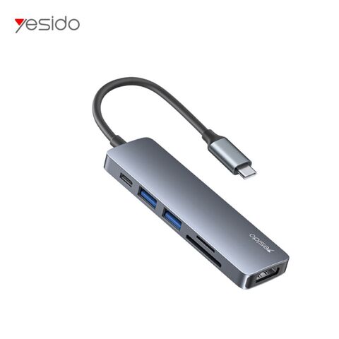 Adaptador HUB divisor tipo C con ranura para tarjeta TF/SD USB de video funcional para computadora portátil de aleación de aluminio YESIDO for sale at factory direct price