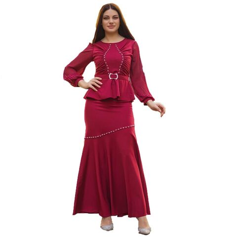 Burgundy 38 Long-sleeved Peplum Blouse Fish Cut Skirt Embellished With  Stones Evening Wedding Two-piece Set, Wedding Dresses Women S Dresses  Dresses Women Lady, Clothing Manufacturers Custom Summer Dresses, Casual  Dresses - Buy