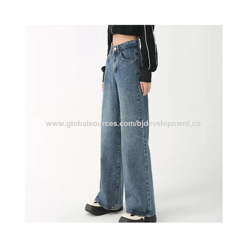 Jeans feminino de algodão solto cintura alta perna larga jeans