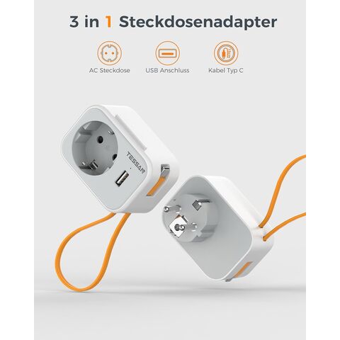 TESSAN Doppel Steckdose Adapter mit 2 Buchse, 3 USB EINE