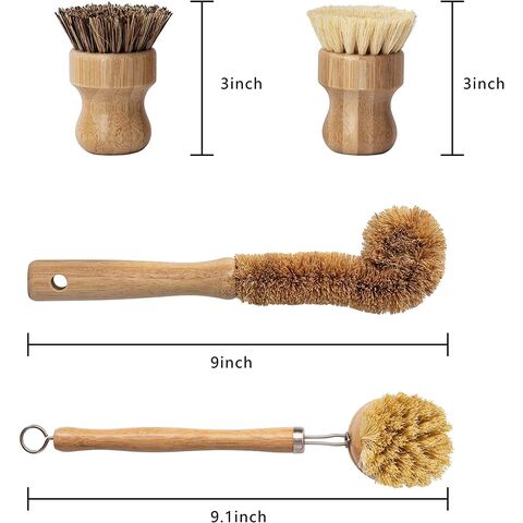 Palm Pot Brush- Bamboo Round 3 Packs by Klickpick Home Mini Dish Brush  Natural Scrub Brush Durable Scrubber Cleaning Kit with Natural Stiff Sisal