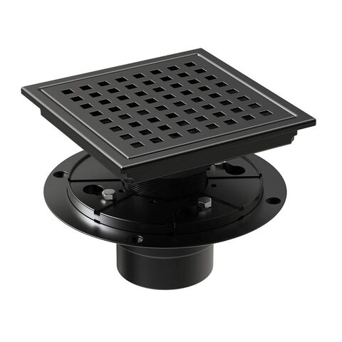 6 Inch Square Shower Floor Drain With Flange Quadrato Pattern Grate Removable Food-grade SUS 304 Stainless Steel Matte Black for sale at factory direct price
