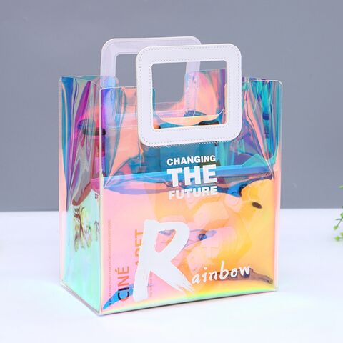 3 Pcs Iridescent Gift Bags with Handle Clear Holographic PVC