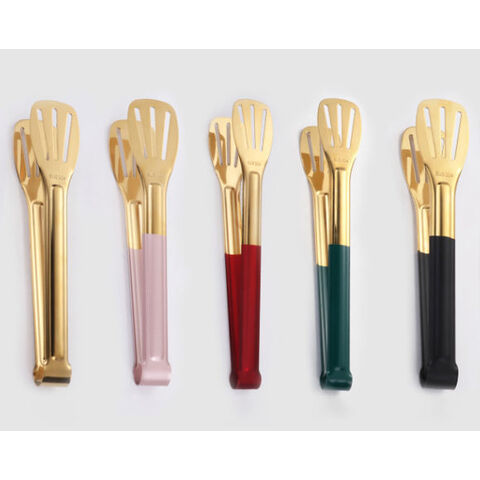 metal gold brass stainless steel 304 cooking food bread steak bbq baking tools fishing Tongs clip with color handle for sale at factory direct price