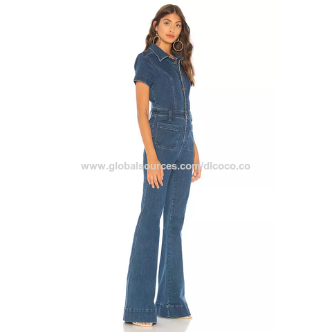 Plus Size Women Vintage Solid Color Puff Short Sleeve Front Zipper Square  Collar Bodycon Streetwear Denim Jumpsuit | Overalls outfit vintage, Denim  jumpsuit, Overalls outfits