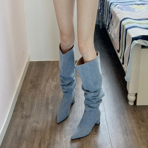 Buy Wholesale China Custom Logo Denim Cowgirls Boots High Heels Women Shoes  Western Boots & Boots at USD 12