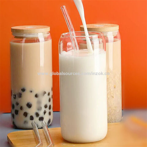 Glass Cup With Bamboo Lid and Straw Bubble Tea Cup Glasses Cups Transparent  Beer Can Coffee