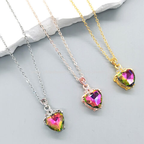 Kostenloses Muster Großhandel Modeschmuck Strass Regenbogenfarben Herzförmige Kristall Anhänger Halskette for sale at factory direct price