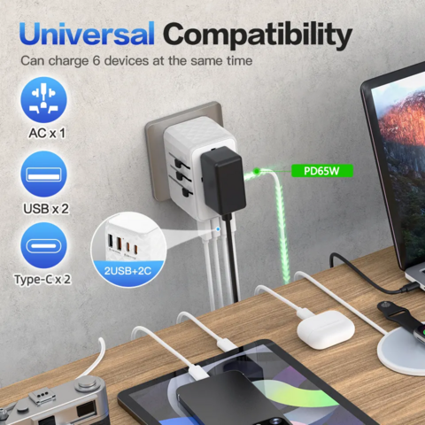Adaptateur de Voyage Universel de Haute Qualité Worldplug PD3.0 QC 4.0 GaN 65W, Adaptateur de Prise Murale Électrique Intelligent avec Ports USB for sale at factory direct price