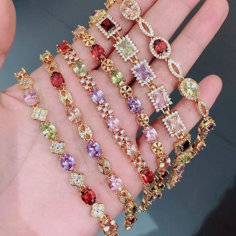 CM YIM pulsera de latón para mujer, con diseño de corazón, tenis, trébol, pera, chapada en oro, circonita y diamantes, brazalete con dijes para dama