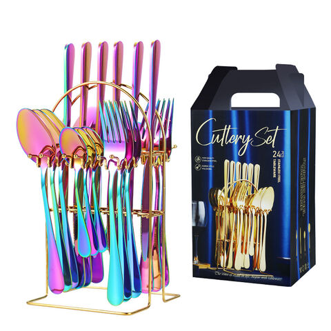 Goldenes Hochzeitsbesteck, Geschenkbox, Steakmesser, Gabel, Löffel aus Edelstahl, mattes Besteckset for sale at factory direct price