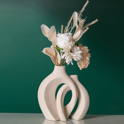 White Ceramic Vase Set 2 for Modern Home Decor,Round Matte Pampas Flower  Vases M