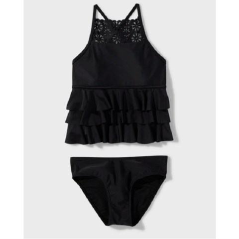 Teen girls black laser cut 2 sets swimwear, with layer ruffle, recycled, repreve fabric for sale at factory direct price